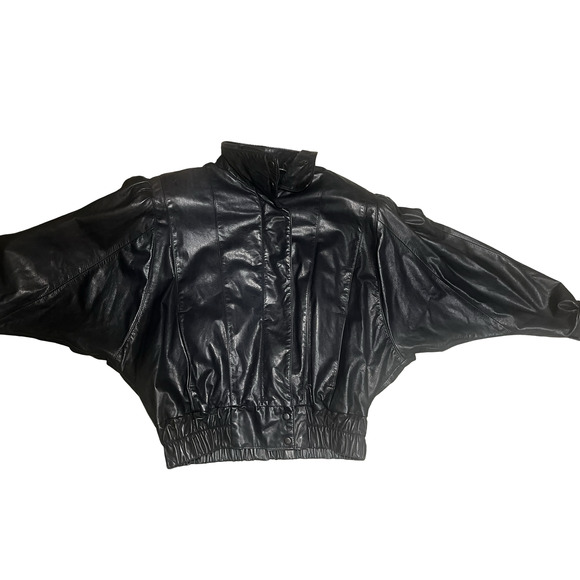 Vintage Simo di Giorgio Leather Jacket Womens Small Black Batwing Bomber 80s S/M - Picture 5 of 16